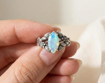 Marquise Angel Aura Quartz Ring, Sterling Silver Leaf Design