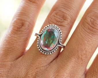 Anello ovale fatto a mano in quarzo aura d'angelo, argento sterling 925 massiccio, gioielli boho minimalisti