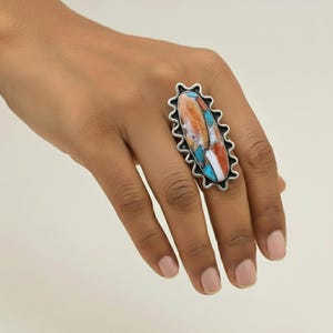 Handmade Spiny Oyster Copper Turquoise Ring, Sterling Silver Boho Jewelry