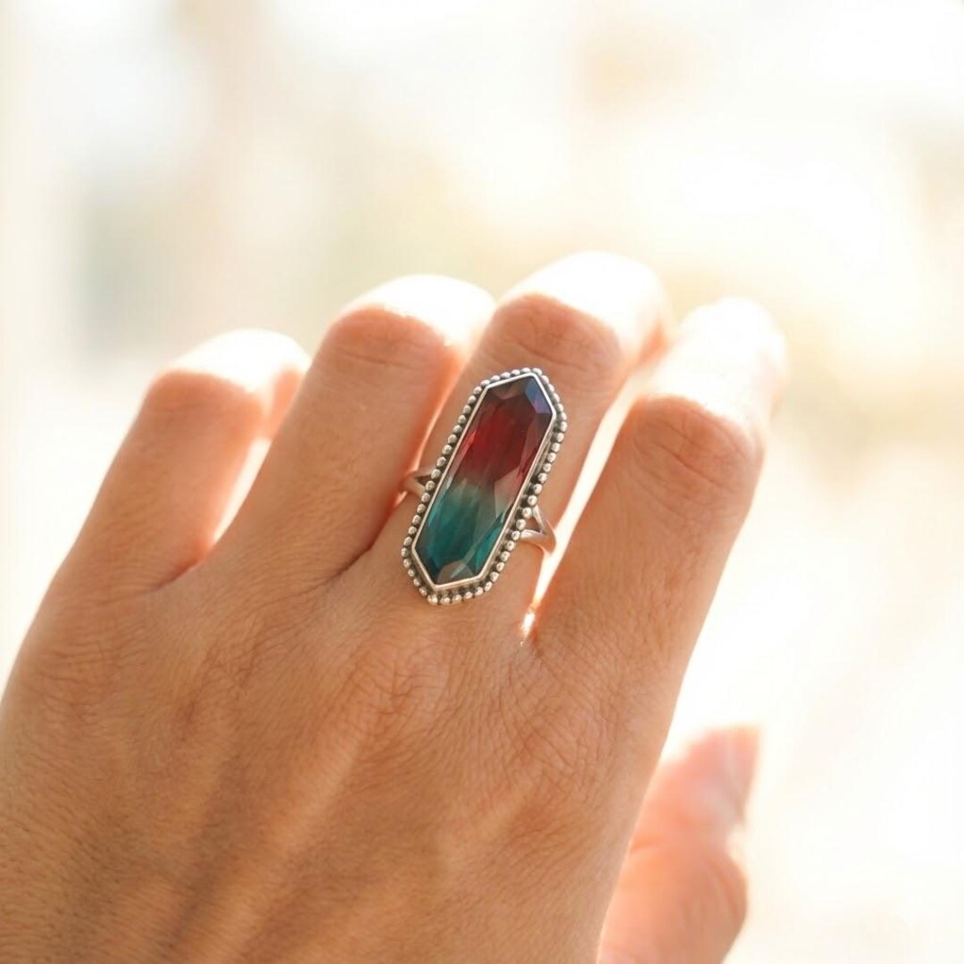 Sterling Silver Alexandrite Quartz Ring, Bi-color Hexagonal Stone ...