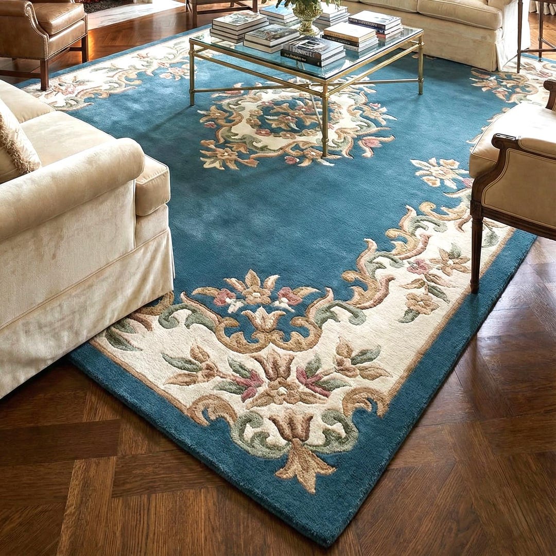 Handmade Tufted Blue Ivory Tufted Area Rug – Royal Aubusson Floral ...