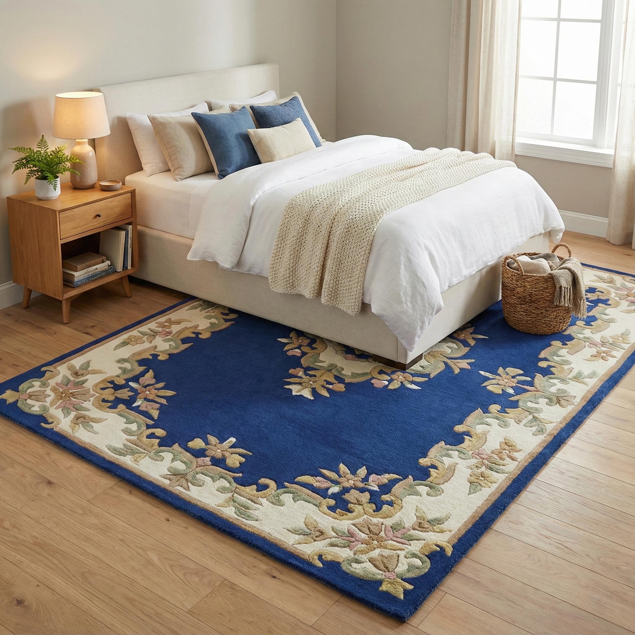 Handmade Wool Aubusson Rug – Cream & Navy Floral Medallion, French