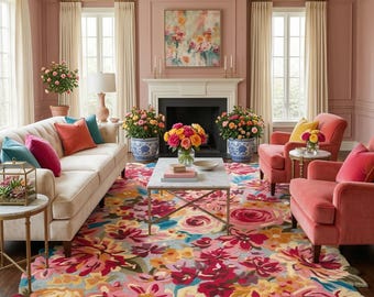 May include: A living room with a floral theme. A cream-colored sofa with colorful pillows sits in front of a large floral rug. Two coral armchairs and a marble coffee table complete the space. The walls are painted a soft pink.