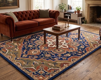 Traditional Vintage Area Rug, Navy-Rust Oriental Floral Carpet for Living Room, Home Décor