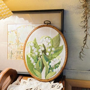 Lily of the Valley Embroidery Hoop, Framed Linen Wall Decor, Flower Embroidery