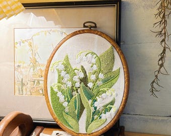 Lily of the Valley Embroidery Hoop, Framed Linen Wall Decor, Flower Embroidery