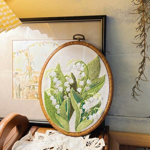 Lily of the Valley Embroidery Hoop, Framed Linen Wall Decor, Flower Embroidery