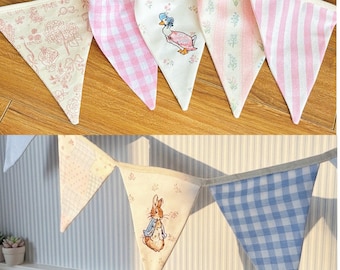 Handmade Linen Bunting Banner - Peter Rabbit Embroidery Banner Jemima Duck Embroidery Banner – Baby Room Flags Decor, Nursery Wall Hanging