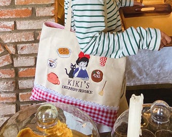 Kiki's Delivery Service Embroidery tote bag, Handmade Canvas Ghibli bag