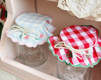 Gingham Embroidery Coasters, Ribbon Embroidery Cocktail Napkin, Floral linen Jar cover ( set 4)