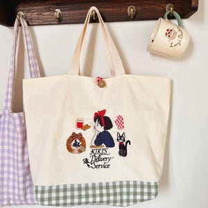 Kiki's Delivery Service Embroidery tote bag, Handmade Canvas Ghibli handbag imagem 1