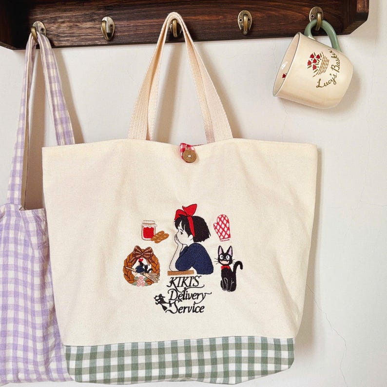 Kiki's Delivery Service Embroidery tote bag, Handmade Canvas Ghibli handbag imagem 1