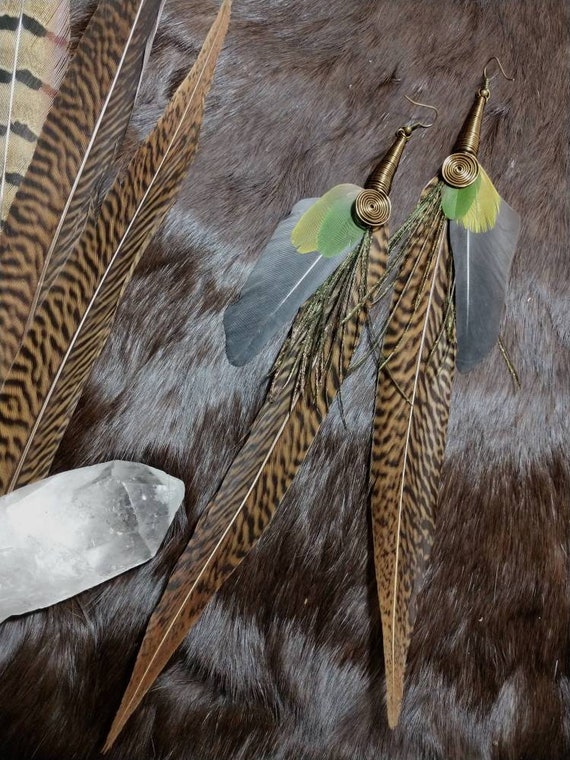 Long Pheasant and Macaw Feather Earrings Etsy