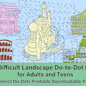 May include: A printable connect-the-dots activity book for adults and teens. The image features several architectural drawings, including a church and other buildings, each with numbered dots to connect. The text at the bottom reads "Difficult Landscape Do-to-Dot Book for Adults and Teens."