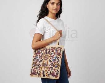 Hand-Painted Madhubani Tote Bag | Semi-Silk Cotton Indian Folk Art Shoulder Purse