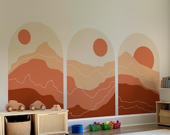 Juego de vinilos decorativos de pared Sunset Arch - Mural de pared de sol y montaña en tonos rojos suaves