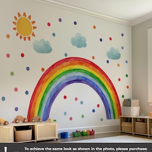 May include: A wall decorated with a large watercolor rainbow, sun, and clouds, along with colorful polka dots. The text at the bottom says, "To achieve the same look as shown in the photo, please purchase: XLarge Rainbow, XLarge Sun, XLarge Clouds(3Pieces), Polka Dots(40 Pieces)".