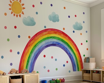 Rainbow Sun Clouds Polka Dots Wall Decal, Nursery Mural