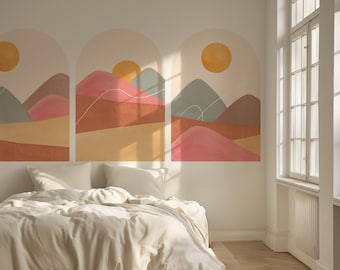 Juego de calcomanías de pared con arco de atardecer bohemio: mural autoadhesivo con paisaje de terracota para dormitorio o guardería.