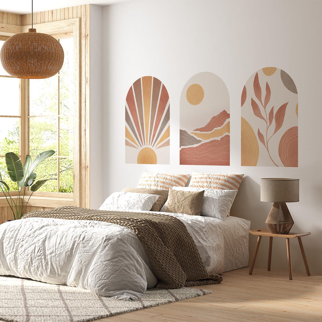 Boho Terracotta Arch Wall Decal: Sunrise, Mountain & Leaf Mural – Peel ...