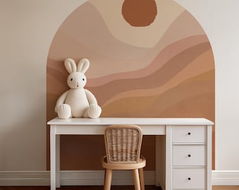 Vinilo decorativo de pared con arco de atardecer terracota, mural de pared bohemio en tonos tierra, arte de pared minimalista autoadhesivo