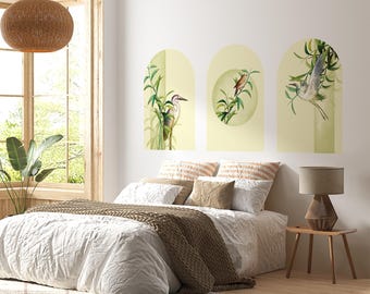 Botanical Bird Arch Wall Decal Set – Bamboo and Heron Nature Mural in Soft Green Tones