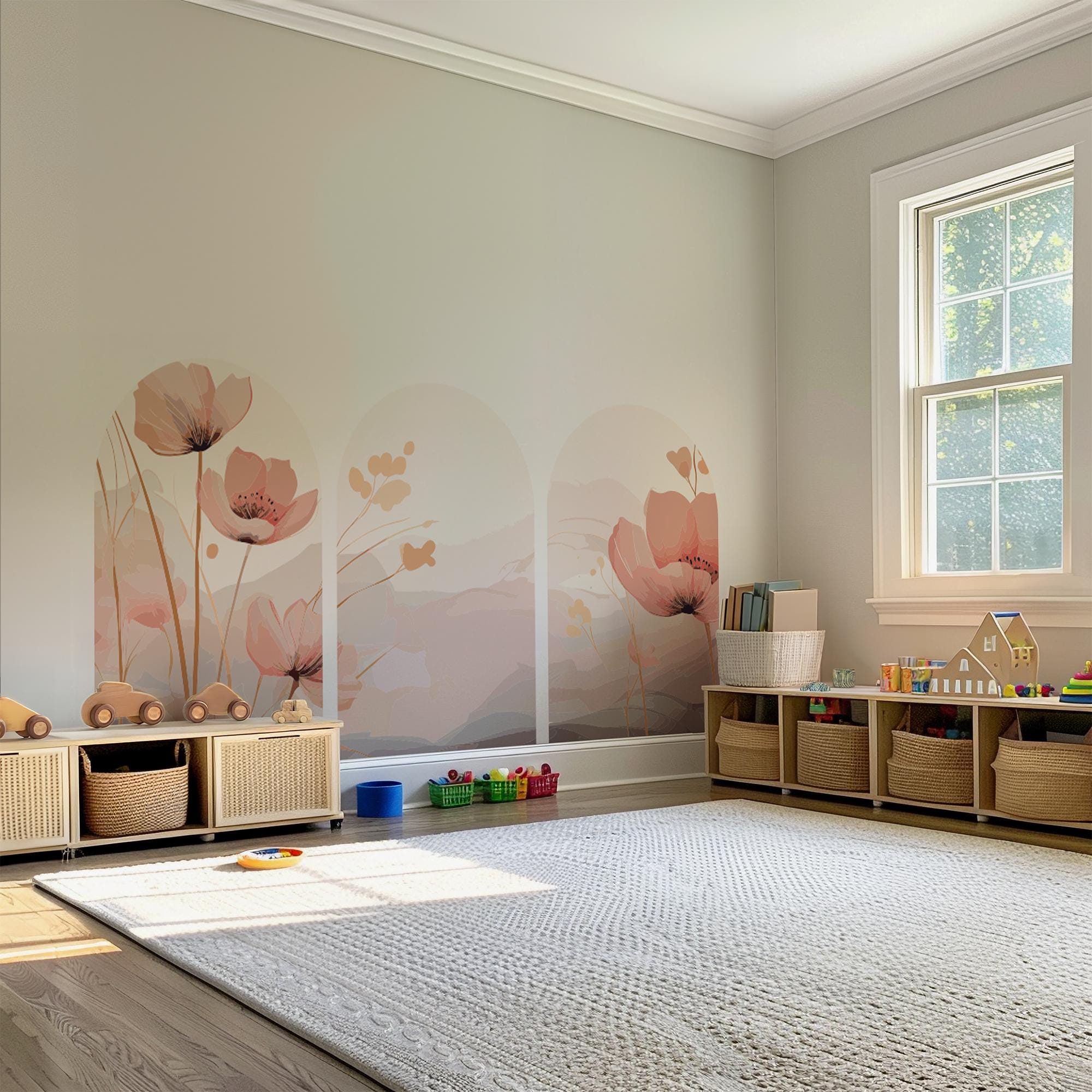 Pink Floral Arch Wall Decal Set – Soft Watercolor Flowers & Pastel ...