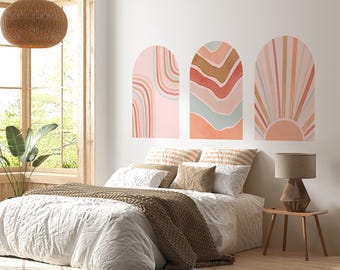 Juego de calcomanías de pared con arco bohemio retro: Mural de ondas y sol en tonos melocotón, terracota y rubor