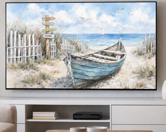 Coastal Beach Boat Frame TV Art | Rustic Ocean Wall Art 16x9
