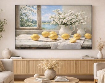 FRAME TV art Lemons & Cherry Blossom, Spring Samsung Frame tv art rustic farmhouse kitchen, Vintage style painting citrus fruit cottage