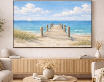 Coastal Pier Watercolor Frame TV Art, Beach House Wall Decor