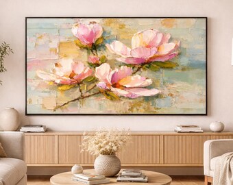 Magnolia Impasto Frame TV Art, Pink Floral Wall Art, Textured Oil Painting Style, 16x9 Samsung Frame TV Art, Pastel Botanical Decor