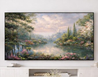 Romantic Garden Lake Wall Art for Frame TV, Fantasy Landscape Digital Download,