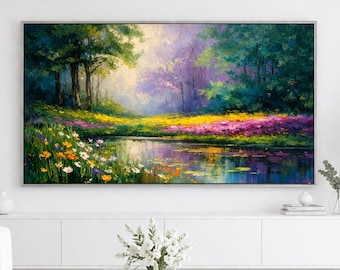 Impressionist Forest Pond Frame TV Art 16x9 | Colorful Wildflower Landscape Digital Download