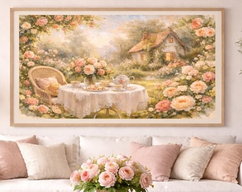Romantic English Garden Frame TV Art, Watercolor Cottagecore Wall Art, Floral Tea Scene, Mother’s Day Gift,