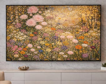 Klimt Style Wildflower Meadow Frame TV Art, Gold Floral Digital Art, Vintage Botanical Wall Art