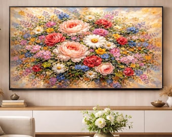 Mother’s Day Frame TV Art, Impasto Floral Bouquet, Samsung Frame TV 16x9, Oil Painting Flowers, Cottagecore Wall Art, Gift for Mom