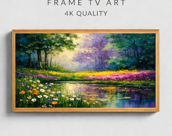 Cornice per TV con laghetto nella foresta in stile impressionista 16x9 / Paesaggio colorato con fiori selvatici (download digitale)