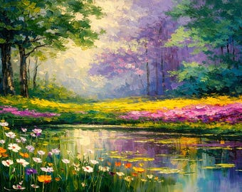 Impressionistisk TV-konst med skogsdamm 16x9 | Digital nedladdning av färgglatt vildblomslandskap