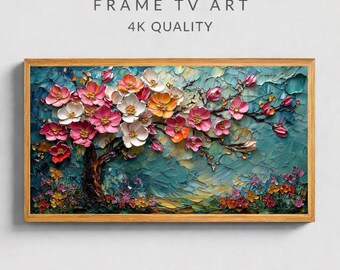Floral Tree Impasto Painting, Teal Background, Samsung Frame TV Art (Digital Download)