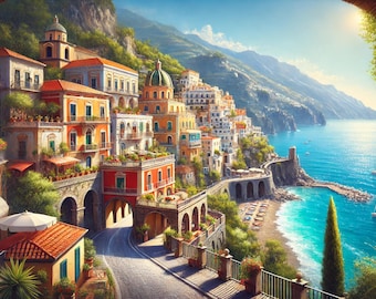 Amalfikustens TV-konst | Utsikt över medelhavsbyn (digital nedladdning)