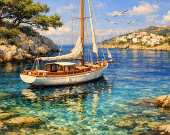 Medelhavssegelbåtsbild, TV-konst, kustlandskap, digital nedladdning