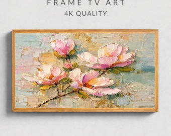 Cornice porta TV con magnolia in stile impasto, decorazione murale floreale rosa, stile pittura ad olio materica, cornice porta TV Samsung 16x9, decorazione botanica pastello