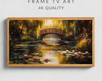 Water Lily Bridge Painting, Monet Style Garden Art, Japanese Bridge Wall Art, Calm Nature Decor, Frame TV Art 16x9 Digital Download