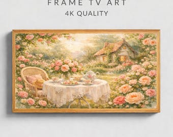 Cornice romantica per TV con giardino inglese, quadro da parete in stile cottagecore ad acquerello, scena del tè floreale, regalo per la festa della mamma,