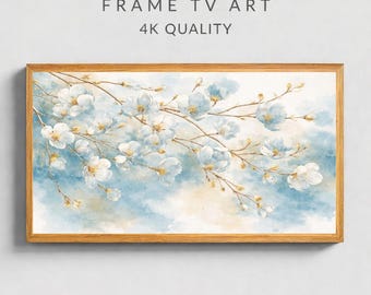 Quadro con cornice floreale blu per TV, delicato quadro murale con fiori ad acquerello