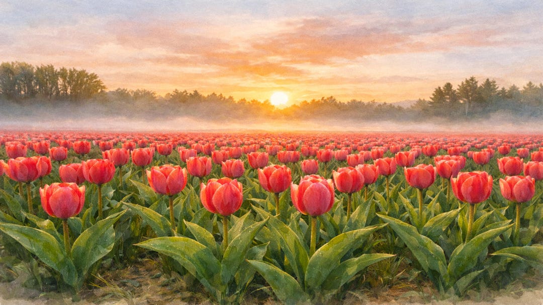 Watercolor Tulip Field Sunrise Print, Pastel Spring Meadow Wall Art ...