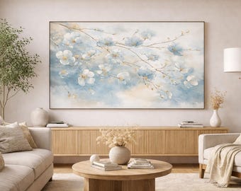Blue Floral Frame TV Art , Soft Watercolor Blossom Wall Art