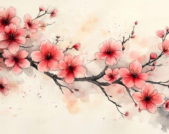 Japansk körsbärsblomsram TV-konst | Akvarell Sakura vårlandskap (digital nedladdning)