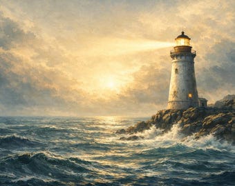 Lighthouse Ocean Frame TV Art  | Coastal Sunset Digital Download | Dramatic Sea Painting
